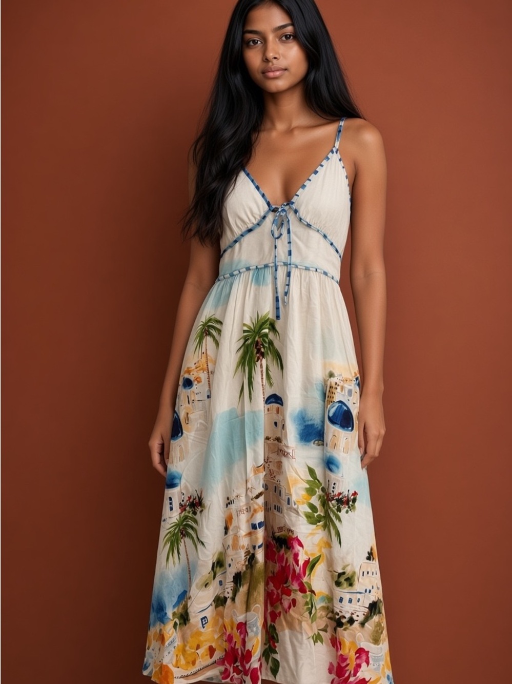 ILLA ILLA Cream Maxi Dress with Blue Trim and Multicolor Scenic Print
